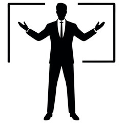 a good-looking businessman standing with a whiteboard, showcasing different poses with hands