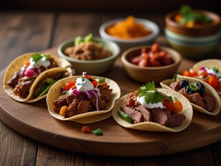 Featuring an assortment of mini tacos filled with a variety of meats, vegetables, and toppings