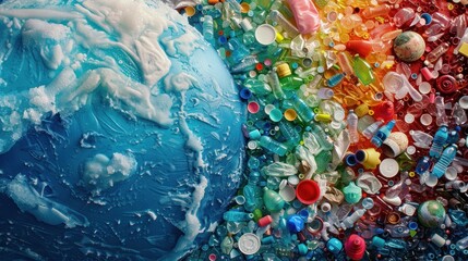 Detail of ocean wave with plastic waste and globe