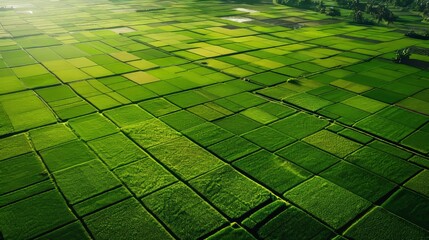 Aerial view of green rice fields. sustainable agriculture and carbon neutrality for a greener future