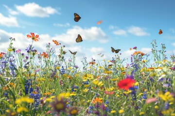 Vibrant Wildflower Field with Diverse Blooms and Butterflies Under Clear Blue Sky