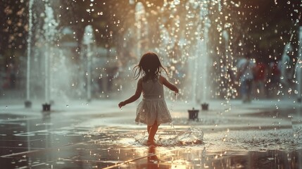 Little child playing with fountain water in city street