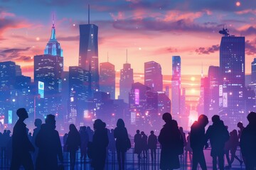 Sunset Cityscape with People Using Mobile Devices, Showcasing Seamless Communication and Connectivity