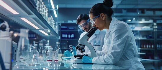 Scientist researcher using microscope in laboratory. Medical healthcare technology concept.