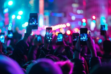 Vibrant Night Festival with Crowd and Colorful Lights Capturing Moments on Phones - Perfect for Event Promotion