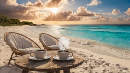 A serene beach in the morning, on the shore there are two steaming cups of coffee on the table, from which a tantalizing aroma emanates. Two cozy boho-style armchairs are conducive to relaxation.