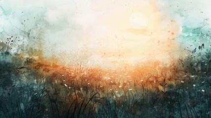 Fototapeta premium AI Generated. AI Generative. Watercolor ink drawing painting field meadow sun nature outdoor landscape background. Graphic Art hyper realistic 