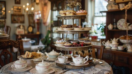 Elegant Vintage Tea Parlor with Assorted Pastries and Delicate China Tableware for Afternoon Tea