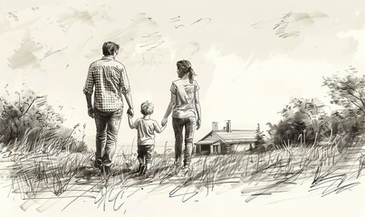 sketch drawing of a happy family walking near a new house