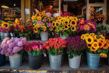 Vibrant Market Stall with Fresh Sunflowers, Tulips, and Roses for a Lively Floral Display