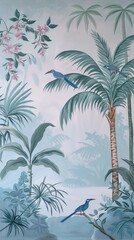 Illustration of tropical wallpaper print design with palm leaves, monstera leaves, birds and texture. Exotic plants and birds on textured background. AI generated illustration