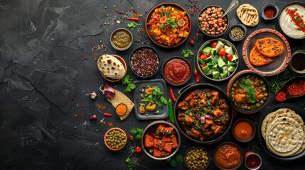 Assorted various Indian food on a dark rustic background. Generative AI. hyper realistic 