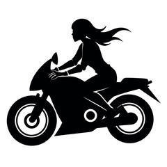 a modern lady biker ride a motor cycle full speed on the road, vector silhouette