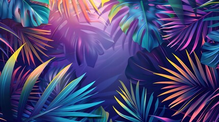 Obraz premium trendy summer Bali style floral patter background with copyspace , colorful leaves palm shape art wallpaper, Summer colors botanical tropical leaves ,sun light and shadows, pink, yellow leaf .