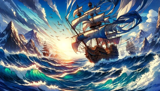 A vibrant anime-style illustration of ancient pirate ship sailing across vast oceans, the dynamic waves and adventures spirits are bought to life
