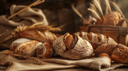 Artisanal Breads Assortment on Rustic Wooden Table - Perfect for Bakery Posters and Culinary Design