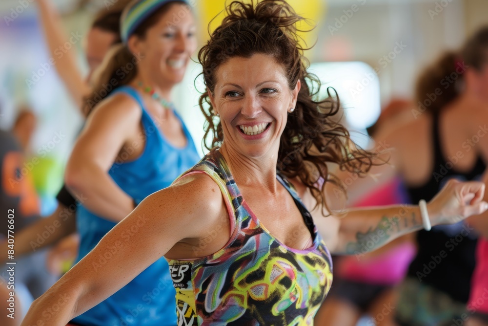 Poster energetic zumba class with enthusiastic instructor and engaged participants in vibrant setting