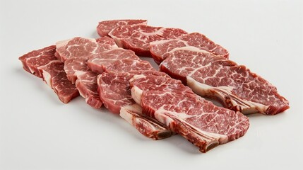 Raw Steak Slices in Light Pink and Maroon on White Background