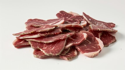 Obraz premium Raw Steak Slices in Light Pink and Maroon on White Background