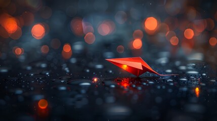  A red origami figure sits on a wet surface, surrounded by a blurred backdrop of red lights Boke effect raindrops dot the ground beneath it