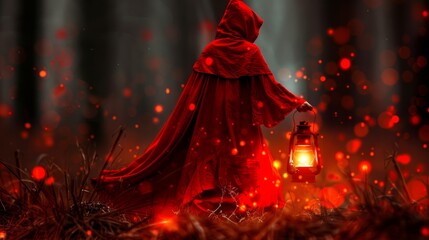  A woman in a red cloak holds a lantern in a dark forest Her head is adorned with a red headpiece, and she wears a red shawl The