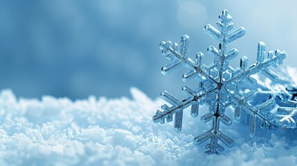  A close-up of a solitary snowflake against a backdrop of a blue sky, with an assemblage of snowflakes in the foreground All snowflakes are