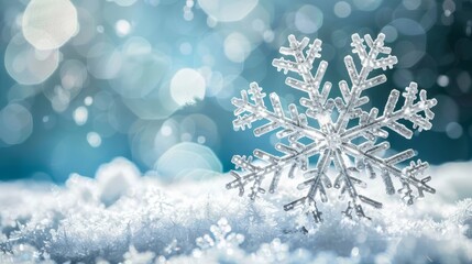  A snowflake atop a snow mound amidst a blue-and-white backdrop of light and scattered snowflakes