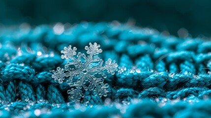  A tight shot of a snowflake against a blue knit background The foreground features a soft, indistinct snowflake image