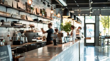 Modern Cafe with Sleek Decor, Baristas at Work, and Space for Promotional Text