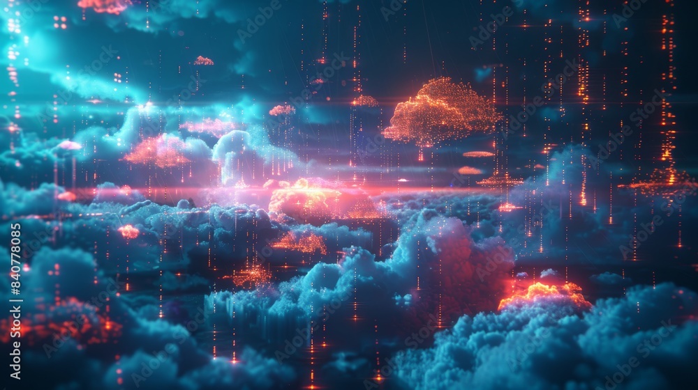 Poster an abstract 3d representation of digital data flowing through a network of clouds, symbolizing the e