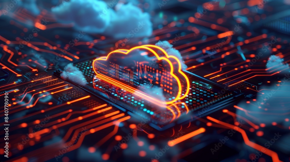 Poster a detailed 3d model of a digital cloud server, illustrating the advanced technology behind cloud com