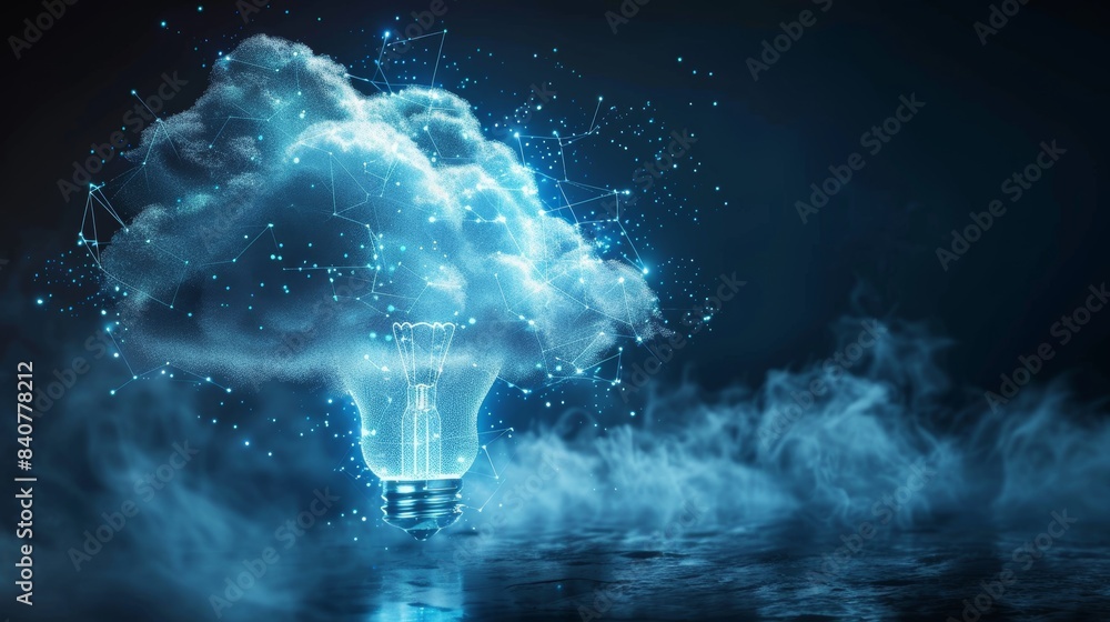 Poster an abstract 3d illustration of digital clouds forming the shape of a lightbulb, representing the inn