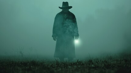  A man, cloaked in length, hat atop his head, holds a glowing light amidst the foggy field backdrop His attire completes with a dark hat concealing