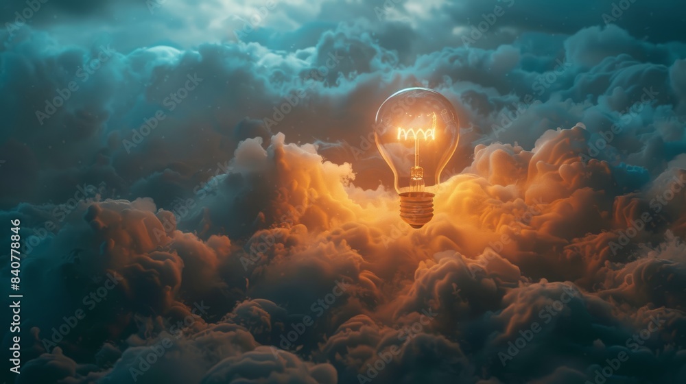 Poster a symbolic 3d illustration of a light bulb surrounded by clouds, representing the concept of a scien