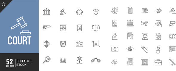 Editable court  line icon Set. Vector illustration. Lawyer, judge, justice, and more