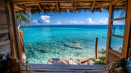 Fototapeta premium Scenic Ocean View from Beach Bungalow Interior