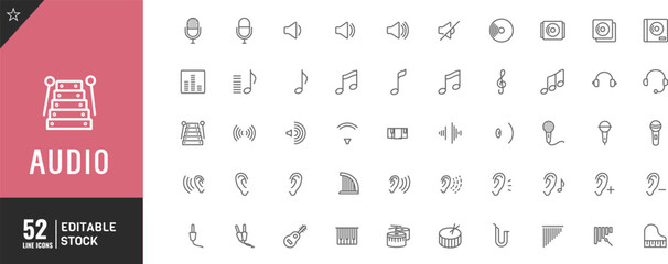 Editable audio and multimedia line icon set. Vector illustration. 