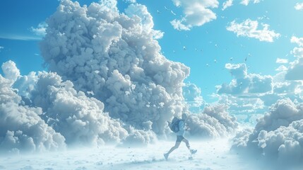 An artistic 3D representation of a cloud formation resembling various sports poses and activities, symbolizing the harmony between nature and physical recreation.