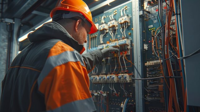 Comprehensive electrical safety maintenance and testing by skilled repairman. Technician inspecting voltage and circuit connections at the main power distribution board hyper realistic 