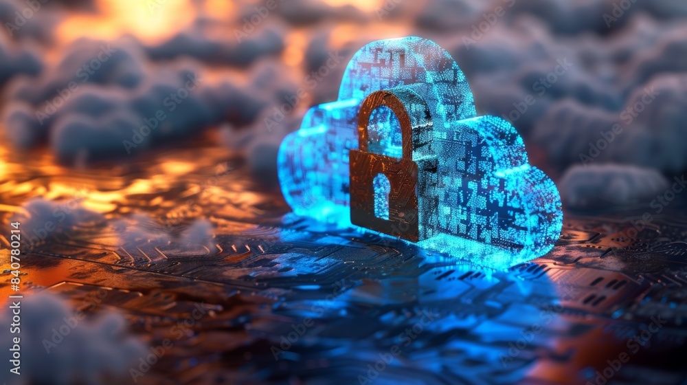 Poster a conceptual 3d rendering of a cloud with a digital padlock, illustrating the concept of secure clou