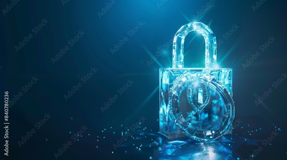 Poster creative digital polygonal open padlock hologram on blue background with mock up place. safety, prot