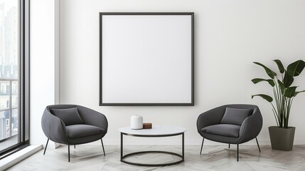 Empty frame mockup in modern minimalist interior over white wall background design.