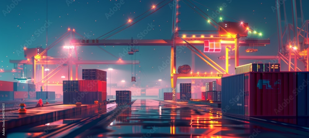 Poster dynamic time-lapse of shipping containers unloading at a vibrant dock with industrial lighting