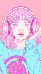Anime style manga girl in pastel colors listens to music through headphones. 9:16