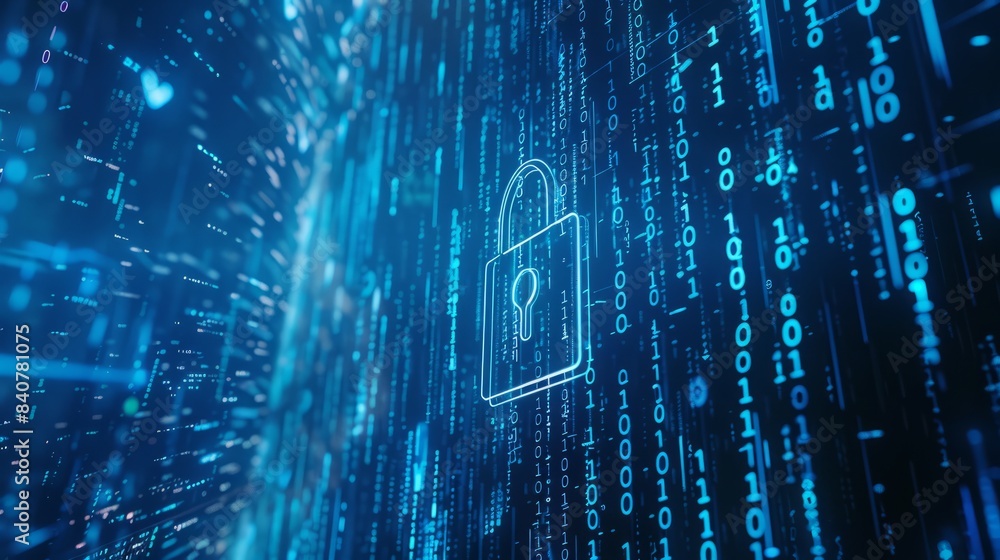 Poster digital padlock on abstract cyber security technology blue background with binary code hyper realist
