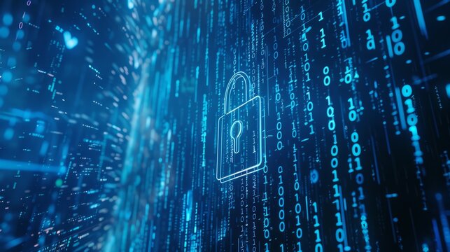 digital padlock on abstract cyber security technology blue background with binary code hyper realistic 
