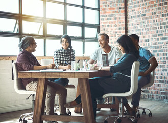 Business people, discussion and meeting with team for collaboration, planning or brainstorming at...