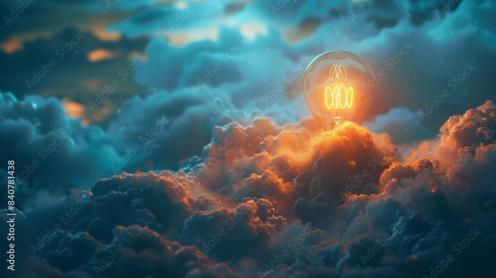 Poster a conceptual 3d illustration of a light bulb inside a cloud, representing the notion of cloud soluti