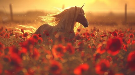  A white horse stands in a field of red poppies, with the sun setting behind A fence borders the foreground, framing another expanse of red flowers