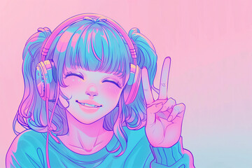 Fototapeta premium Anime style manga girl in pastel colors listens to music through headphones. 3:2